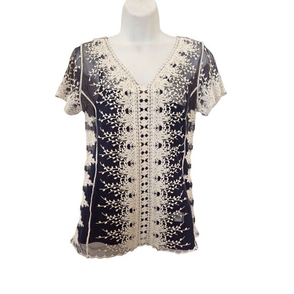 Ultra Pink Jillian Top Women S blue White Lace Boho‎ Casual Retro Embroidered - Picture 2 of 8